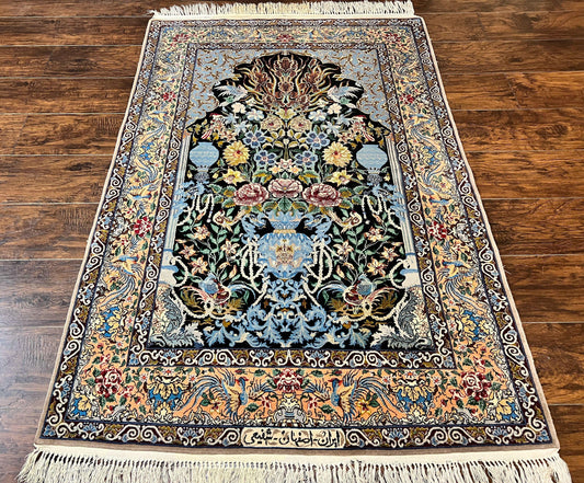 Wonderful Persian Isfahan Rug 3.7 x 5, Kork Wool on Silk Foundation, Very Fine 460 KPSI, Tree of Life Persian Vase Design Animal Pictorials Peacocks
