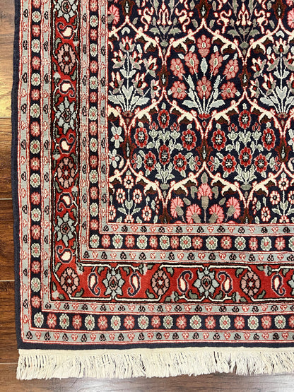 Pak Persian Rug 3x4, Wool Hand Knotted Vintage Traditional Carpet, Navy Blue & Red, Very Fine Small Handmade Floral Rug