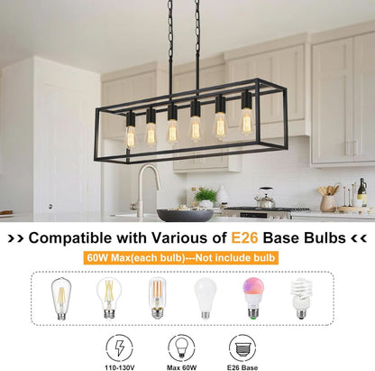 Six Light Black Linear Chandelier With Adjustable Height