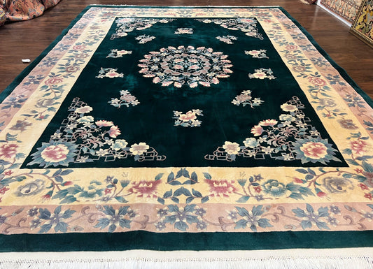 Chinese Art Deco Rug 9x12, Wool Hand Knotted Vintage Carpet, Dark Green & Cream, 90 Line Carving Rug