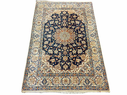 Persian Isfahan Rug 4x5, Navy Blue & Ivory, Wool and Silk Highlights