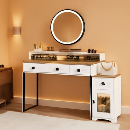 White Corner Vanity Mirror With Built In Charging Station
