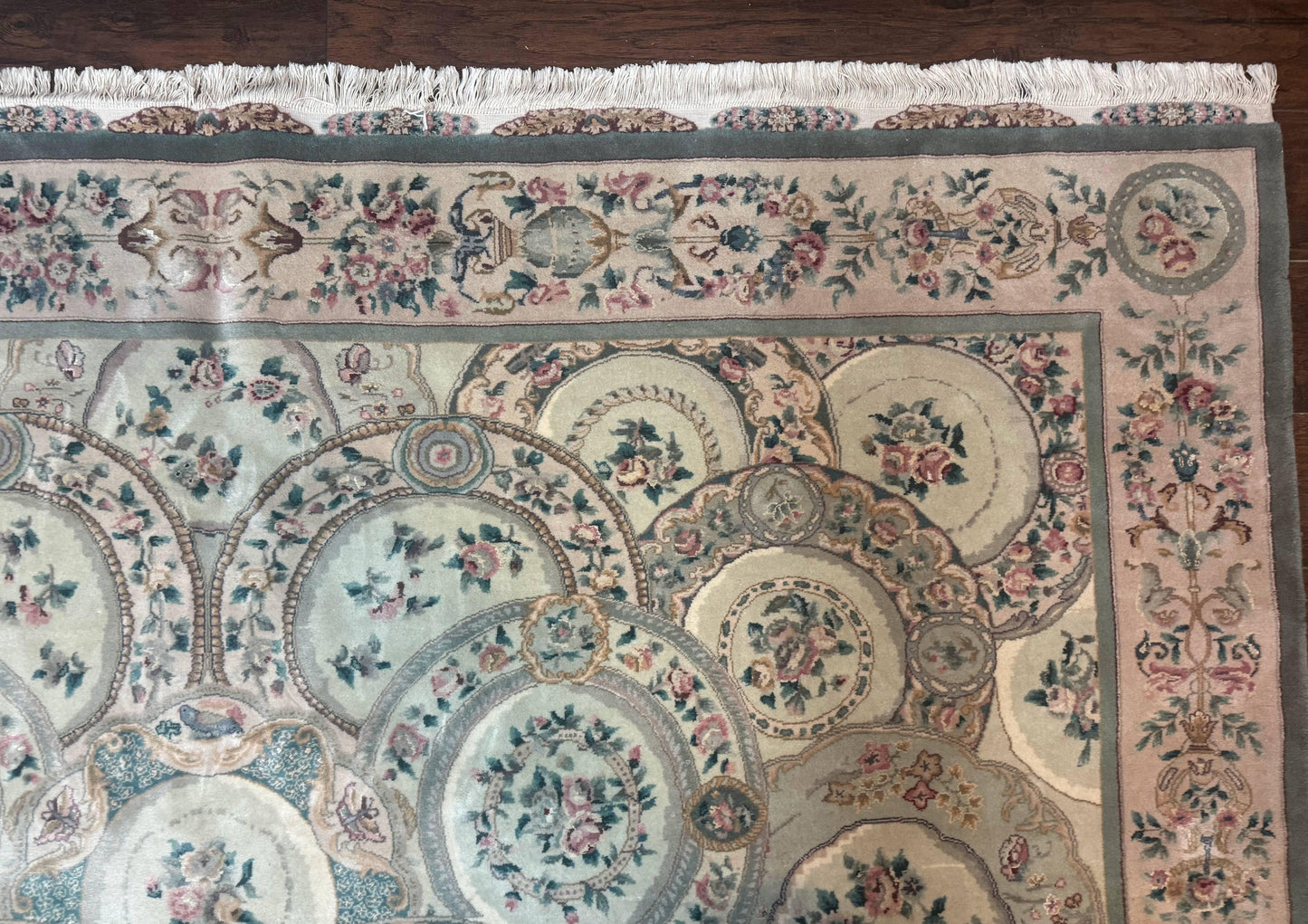 Pak Persian Rug 9x12, Wool with Silk Highlights, European Design, Floral, Green