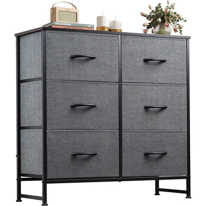 Six Drawer Dark Grey Fabric Dresser For Bedroom Storage