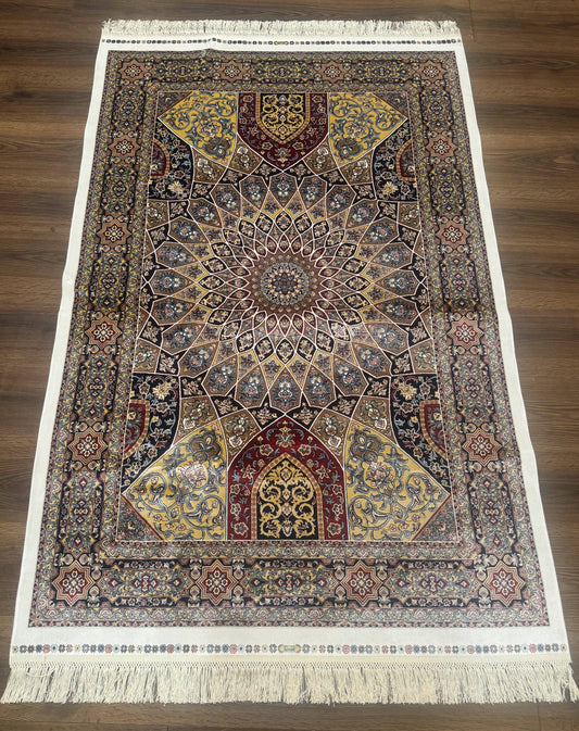 Turkish Silk Rug 4x6, Dome Design, Memluk Carpet, Bamboo Silk, New
