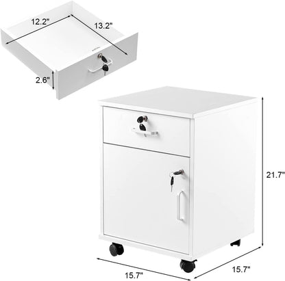 White Mobile File Cabinet With Lockable Drawer And Door
