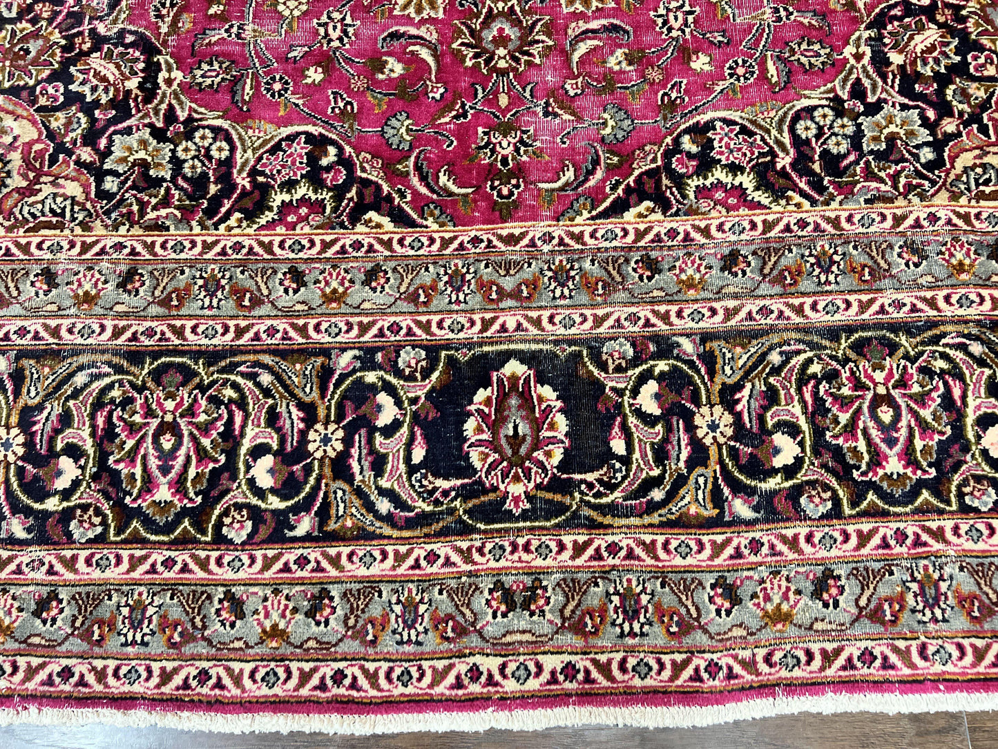 Persian Rug 10x13, Wool Hand Knotted Antique Kashmar Carpet, Raspberry Red & Navy Blue, Floral Medallion, Traditional Oriental Rug 10 x 13