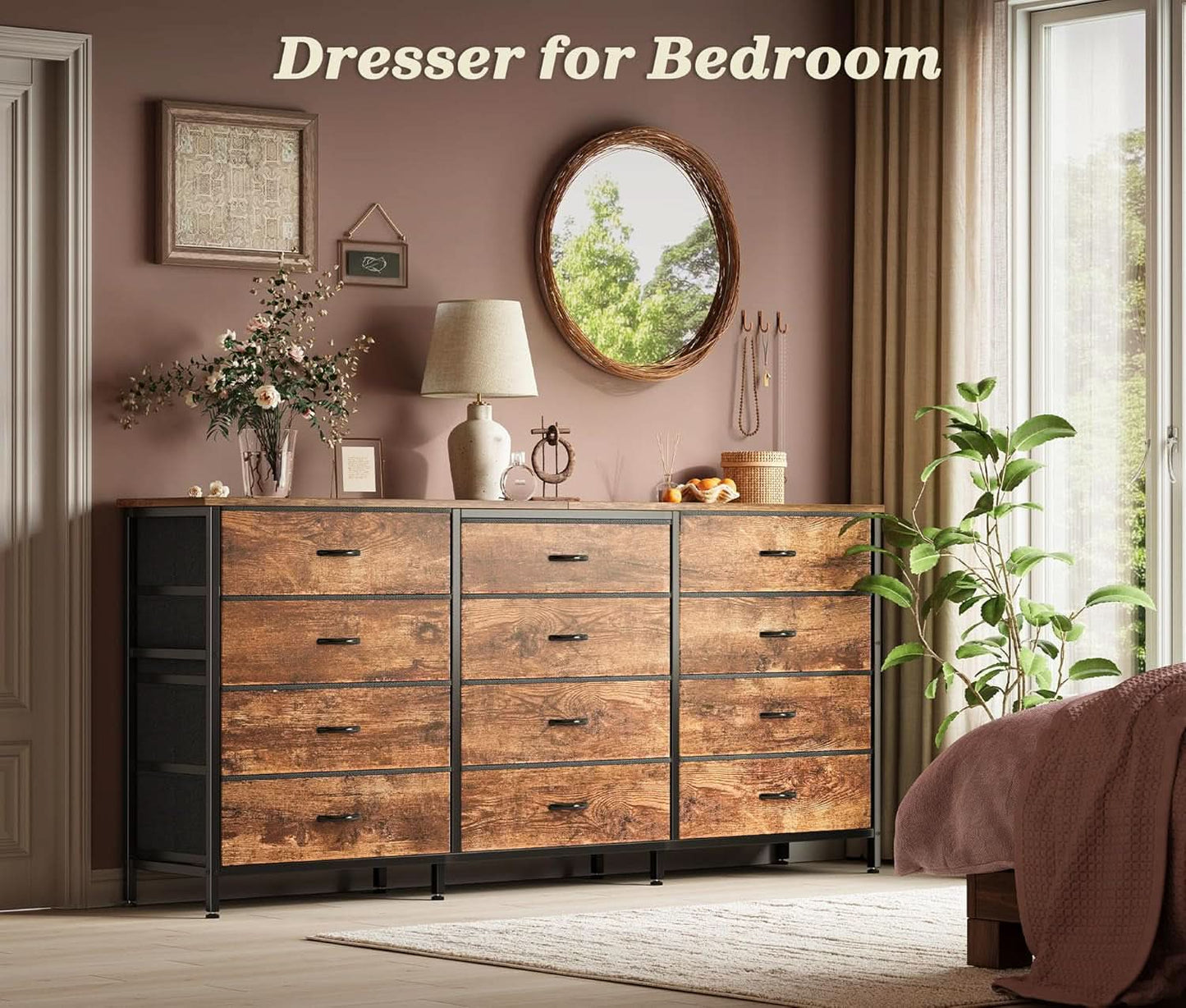 63Inch Dresser With Premium Fabric Drawers RusticBrown