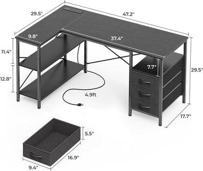 L Shaped Desk 47 Inch With Power Outlets And Ample Storage