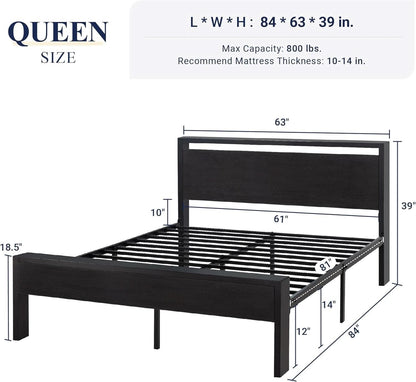 Queen Platform Bed Frame With Wooden Headboard And Footboard Black Oak