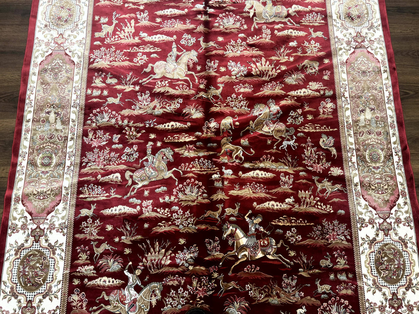 Turkish Silk Hunting Scene Rug 5 x 7.6, Red & Ivory, Bamboo Silk, New