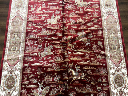 Turkish Silk Hunting Scene Rug 5 x 7.6, Red & Ivory, Bamboo Silk, New