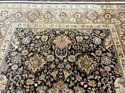 Indo Persian Rug 9x12, Floral Allover, Midnight Blue, Handmade Vintage Wool Oriental Carpet