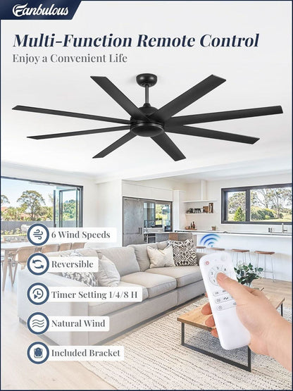 72 Inch Black Ceiling Fan With Remote DC Motor For Indoor Outdoor