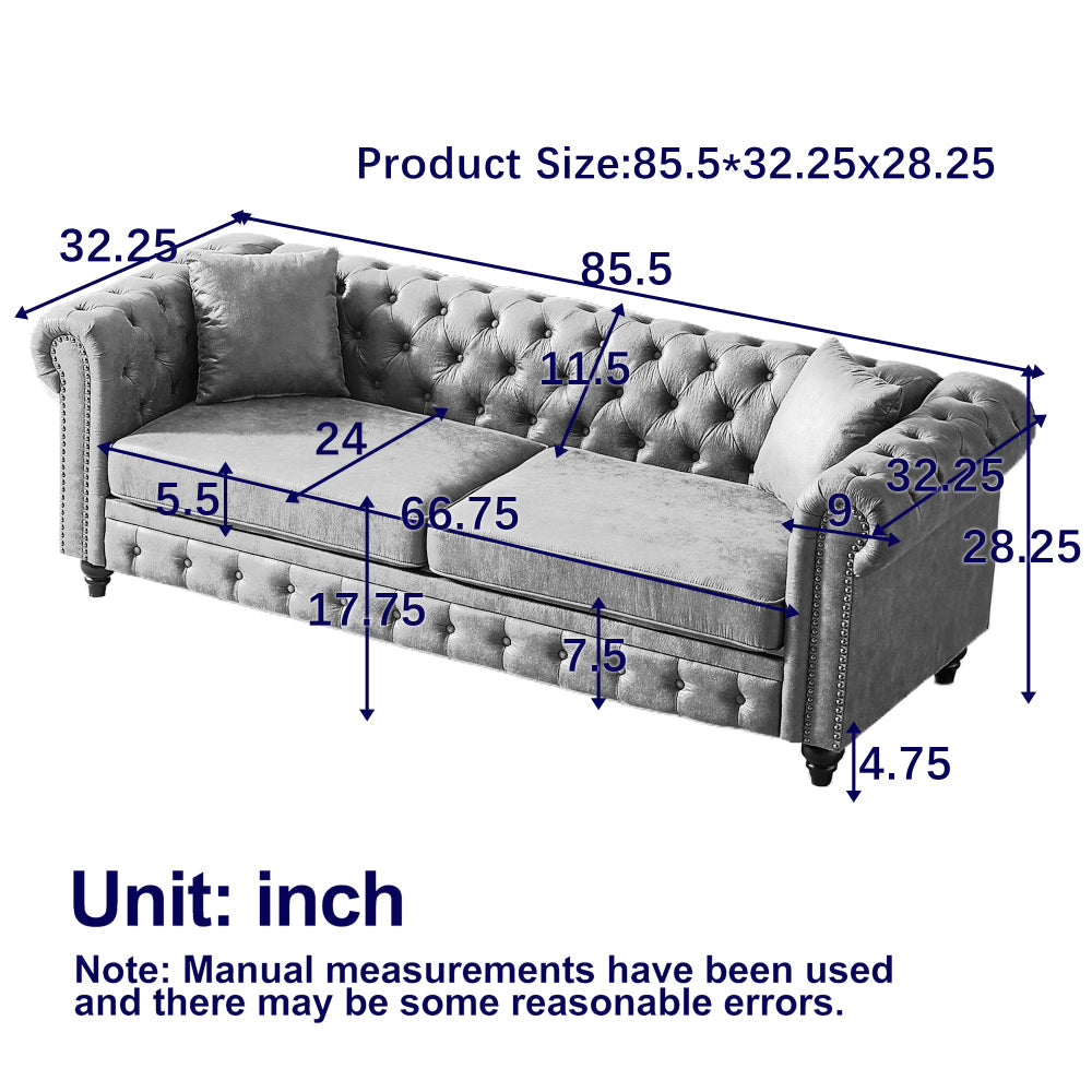 85.5" Chesterfield Sofa 3-Seater | Tech Fabric with Button Tufting, Rolled Arms & Wood Legs — Brown / Black