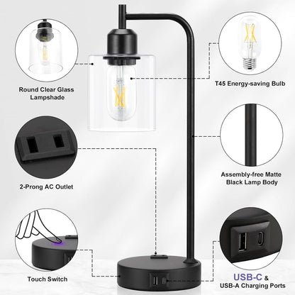 Industrial Touch Table Lamps Bundle Black 3 Way Dimmable USB
