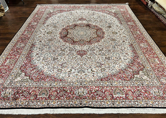 Silk Indian Kashmiri Rug 9 x 11 ft, Room Sized Silk Vintage Indo Persian Handmade Hand Knotted Fine Oriental Carpet, Ivory and Maroon