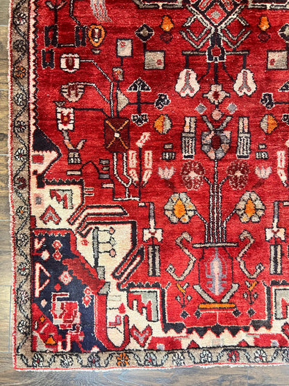 Antique Persian Tribal Rug 4 x 8, Geometric Medallion, Boho Rug, Wool Handmade Rug, Red 4x8 Rug, Persian Hamadan Rug
