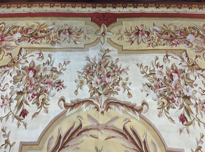 Aubusson Rug 9x12, Elegant Flatweave Savonnerie Carpet 9 x 12 ft, Ivory Light Yellow Red, Handmade Wool Flatweave French European Rug