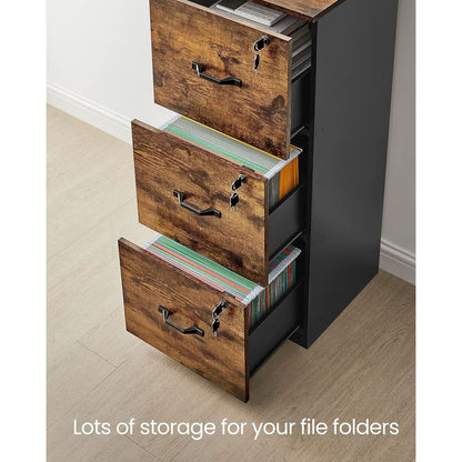 Brown Filing Cabinet With Lock And Printer Stand For Office