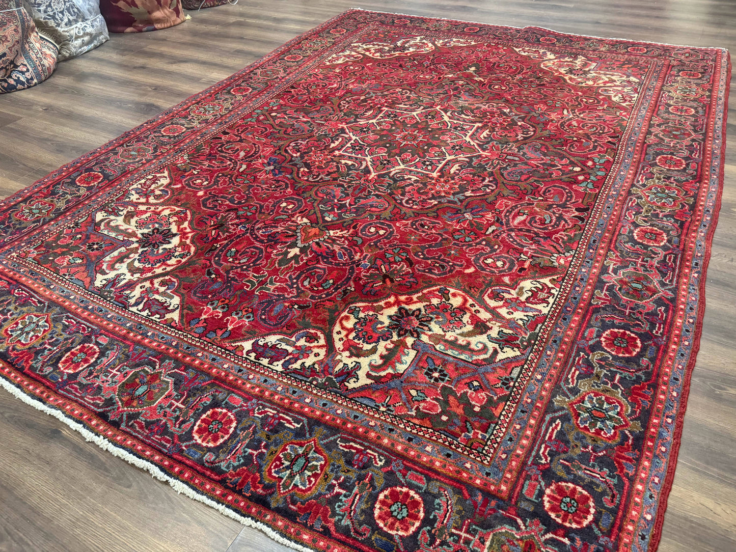 Persian Heriz Rug 7x10, Red and Navy, Geometric Medallion, Vintage Wool Carpet