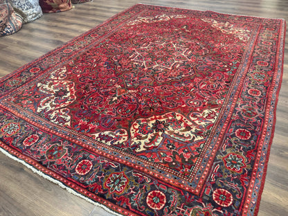 Persian Heriz Rug 7x10, Red and Navy, Geometric Medallion, Vintage Wool Carpet