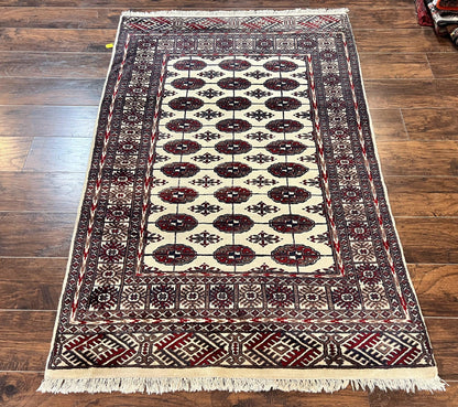 Pakistani Bokhara Rug 4x6, Turkoman Carpet, Vintage Handmade Wool Rug, Ivory