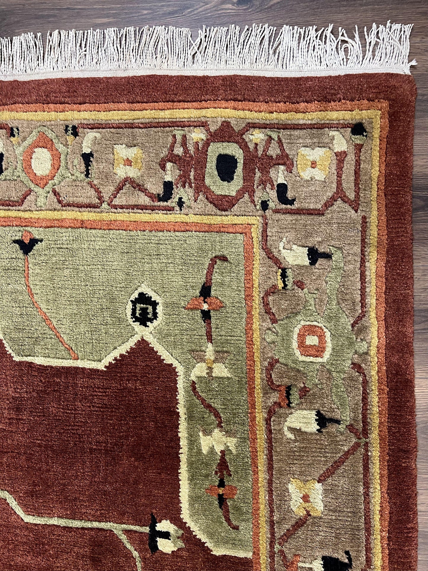 Tibetan Rug 7x10, Geometric Medallion, Red Green Taupe, Hand Knotted, Soft Wool Area Rug, Contemporary Carpet, Handmade Nepali Rug 7 x 10 ft