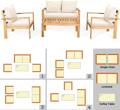 Outdoor Acacia Wood 4-Piece Chat Set Teak Finish Cushions