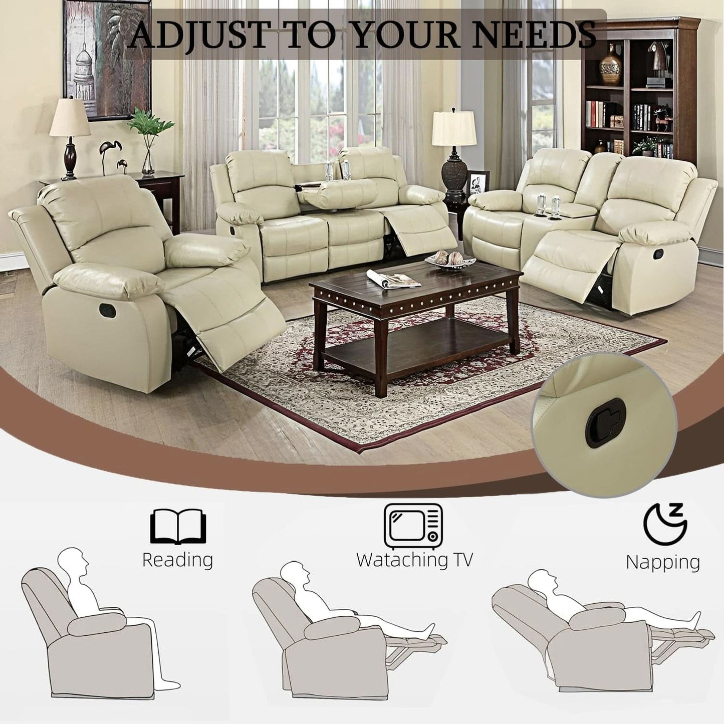 Beige Leather Recliner Sofa Set With Storage And Cup Holder
