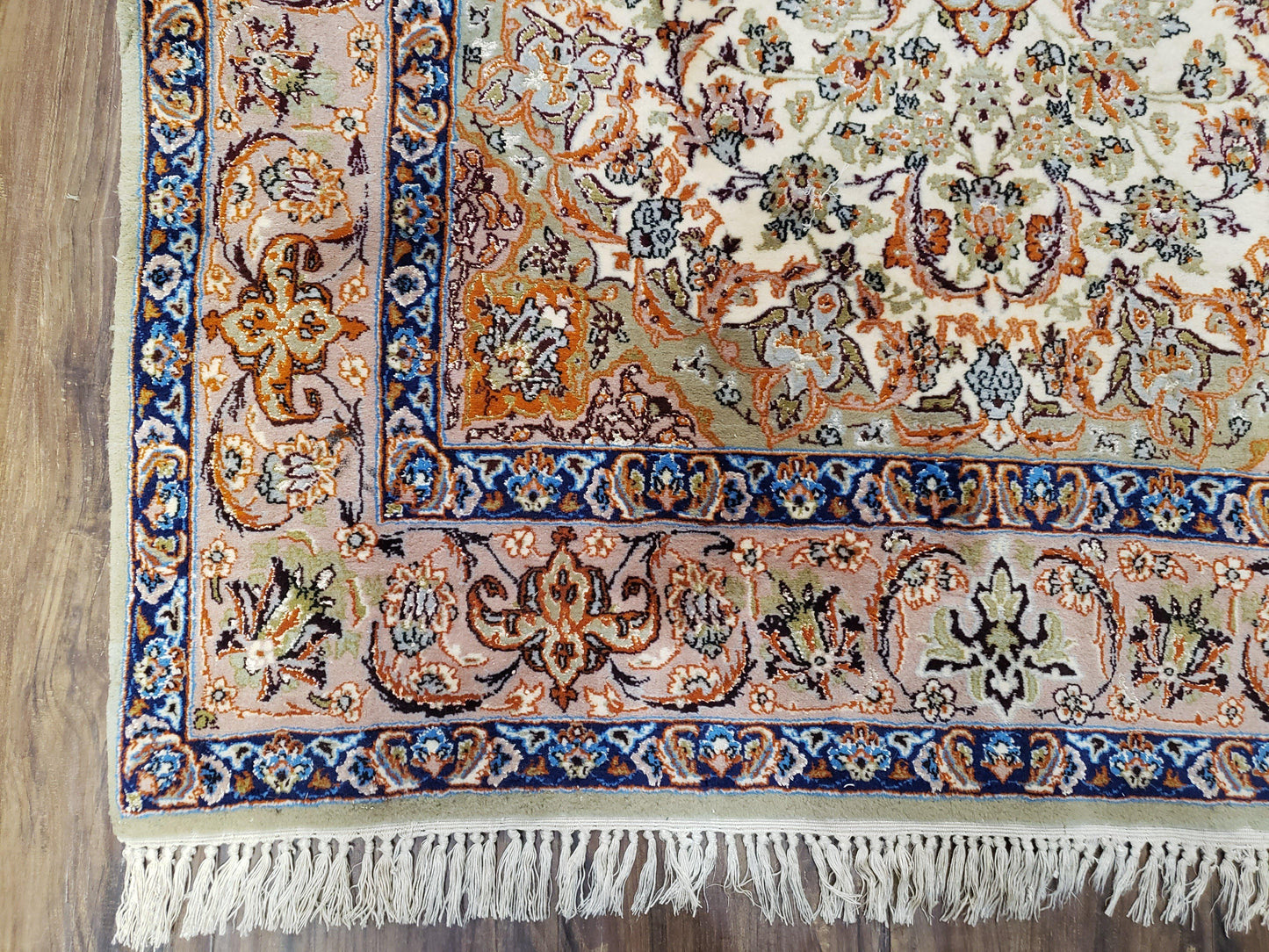 Vintage Persian Isfahan Lachak Toranj Rug, Highly Detailed, Kork Wool on Silk Foundation, Beige and Dark Blue, Hand-Knotted, 3'6" x 5' 4"