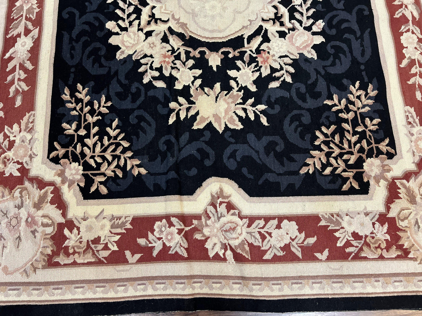 Needlepoint Rug 5x8, Wool Handmade Vintage European Design Carpet, Black & Maroon, French Aubusson Pattern Flatweave Rug