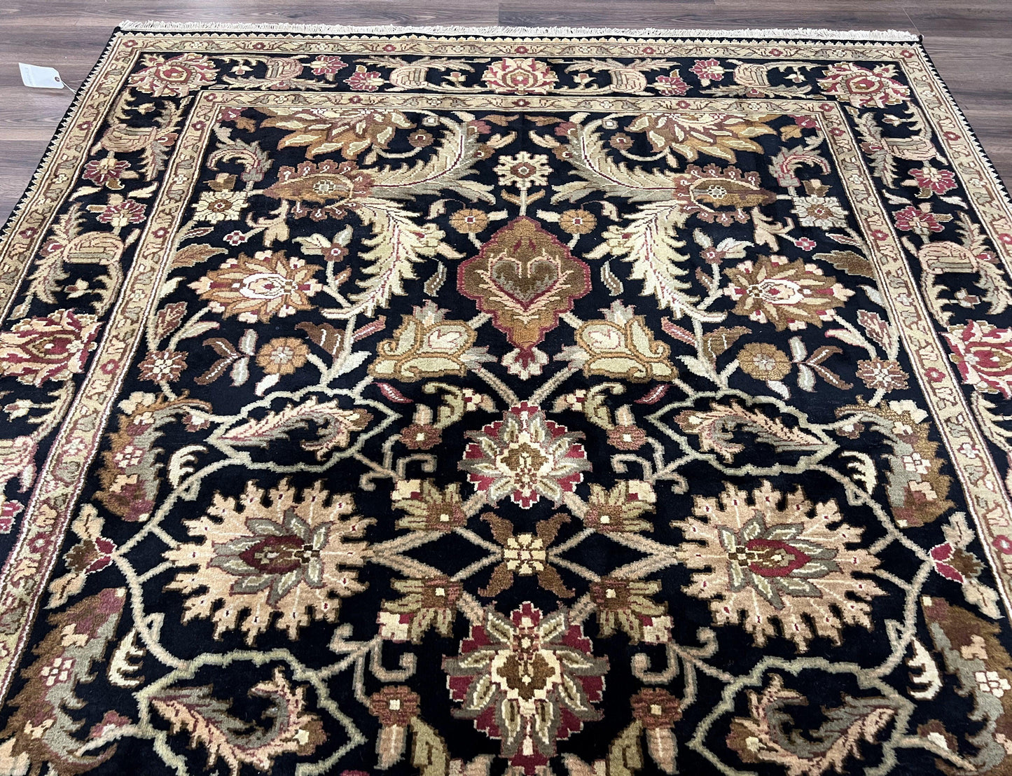 Indo Mahal Sultanabad Rug 8x11, Vintage Indian Oriental Carpet, Wool Handmade Floral Rug 8 x 11 ft, Black Beige Tan, Large Flowers Allover