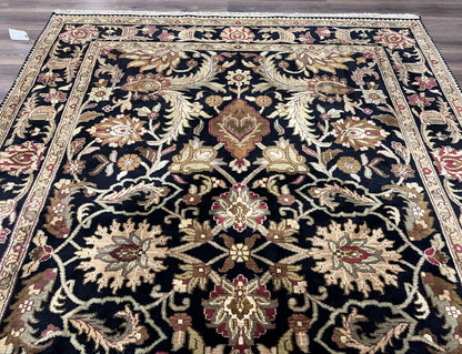 Indo Mahal Sultanabad Rug 8x11, Vintage Indian Oriental Carpet, Wool Handmade Floral Rug 8 x 11 ft, Black Beige Tan, Large Flowers Allover