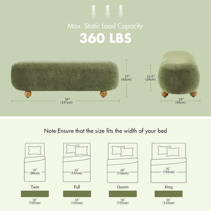 54-Inch Green Velvet EndOfBed Bench Cushioned Seat