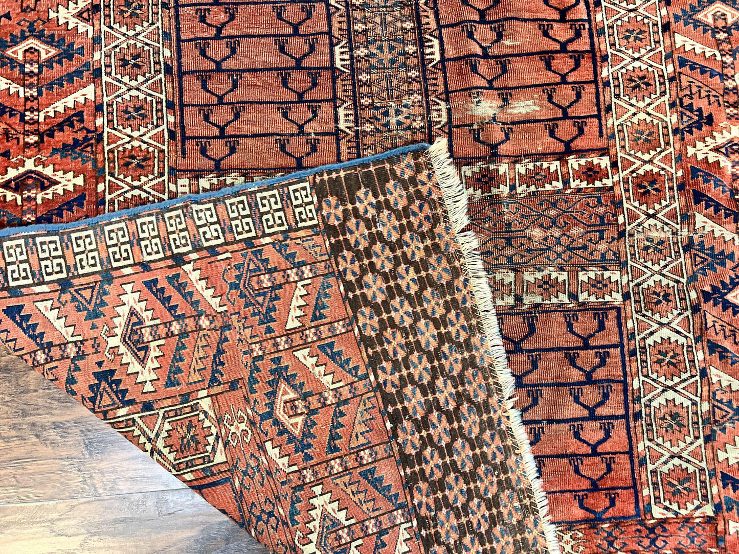 Antique Turkoman Rug 4x4, Hatchli Square Carpet, Wool Handmade Four Season Yamud Design Rug, Red Bohemian Tribal Rug, Engsi Tekkeh Rug