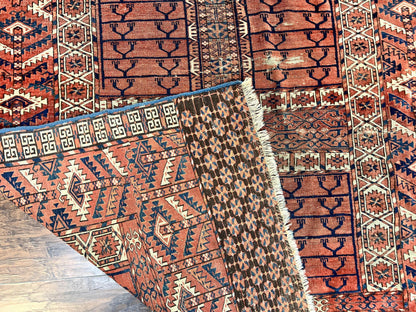 Antique Turkoman Rug 4x4, Hatchli Square Carpet, Wool Handmade Four Season Yamud Design Rug, Red Bohemian Tribal Rug, Engsi Tekkeh Rug