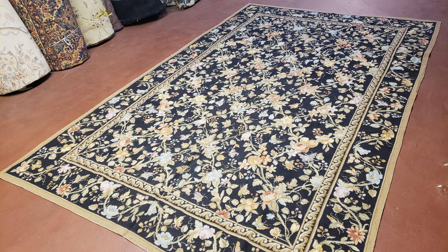6x9 Vintage Needlepoint Rug Petitepoint Carpet Butterflies Floral Design Dark Brown & Tan 6 x 9 Handmade Flatweave Area Rug
