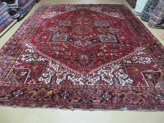 Heriz Rug 9x11, Geometric Persian Carpet Room Sized, Tribal Medallion Rug, Red Ivory Dark Blue Handmade Wool Rug for Living Room Dining Room