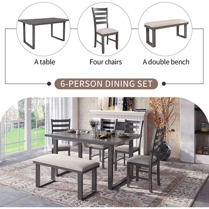 6 Piece Rustic Wood Dining Table Set With Bench And Chairs