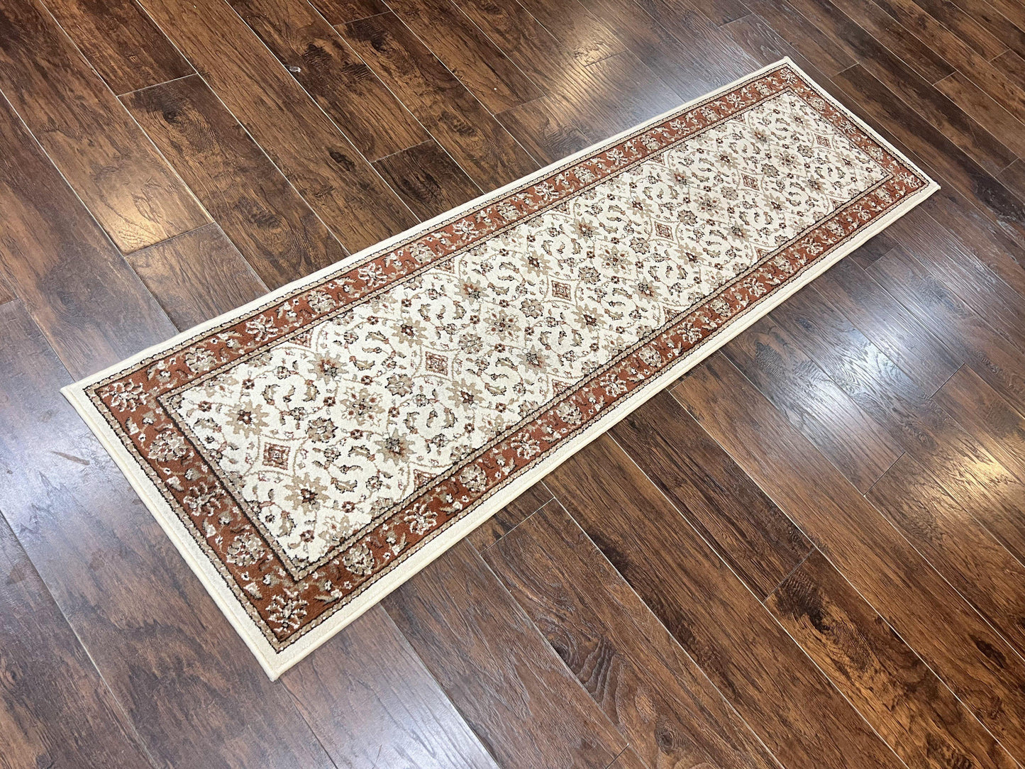 Runner Rug 2 x 7.6, Skinny Runner, Oriental Rug for Hallway, Ivory & Rust Red, Floral Allover