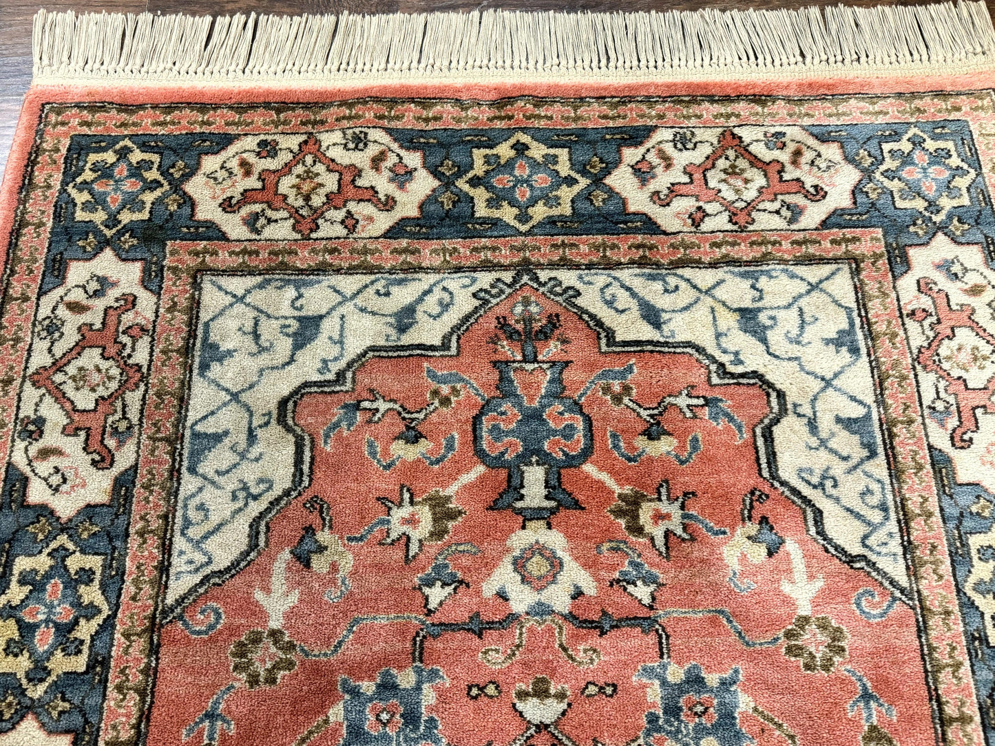 Karastan Rug 4x6 Bergama Design #737, Karastan Area Rug, Vintage Wool Karastan Carpet, Original Collection 700 Series, Salmon Red Light Blue