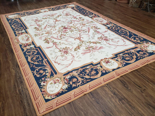 Chinese Aubusson Savonnerie Area Rug 6x8, Vintage Hand-Woven Needlepoint Rug, Flat Weave Handmade Wool Carpet Living Room Ivory & Navy Blue