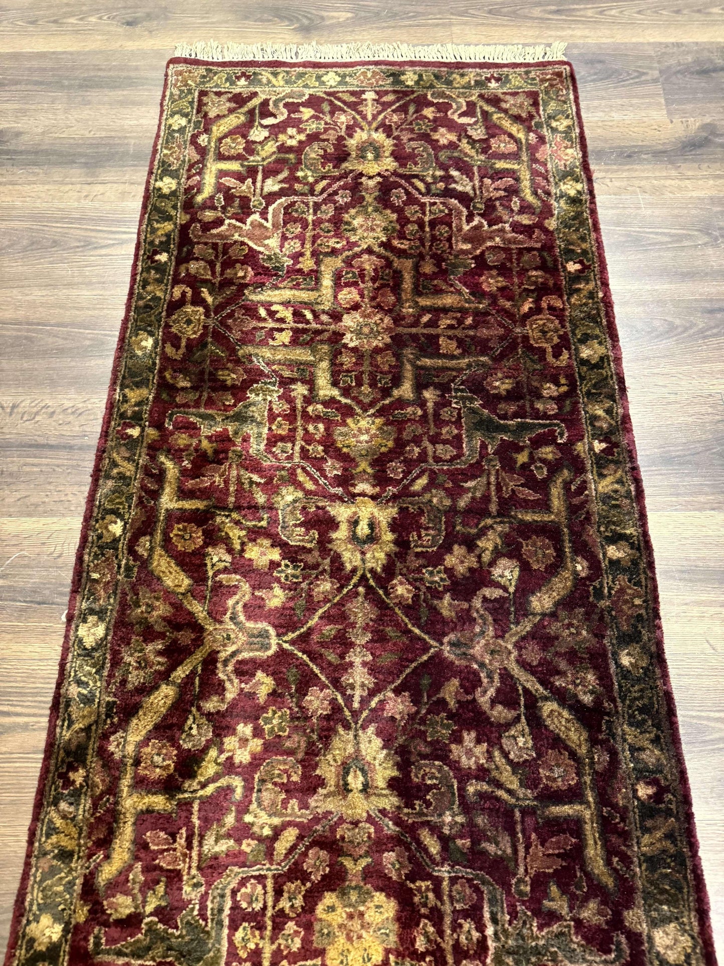 Indo Persian Runner Rug 2.7 x 13.8, Maroon, Wool, Handmade Indian Rug for Hallway