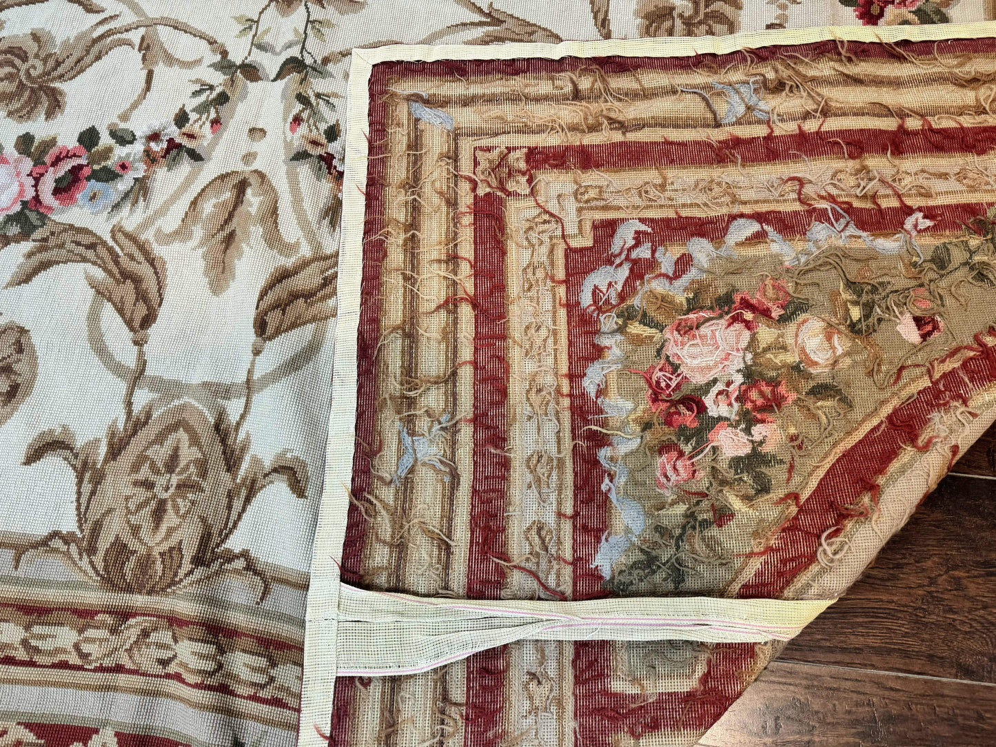 Aubusson Needlepoint Rug 9x11, Handmade Vintage Wool Flatweave Carpet, Elegant European Rug, Floral, Cream