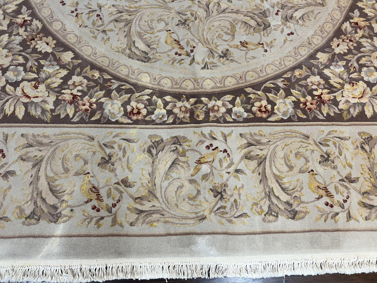 Aubusson Rug 10x14, Wool & Silk Highlights Hand Knotted Vintage Carpet, Birds Flowers, Fine Details, Elegant