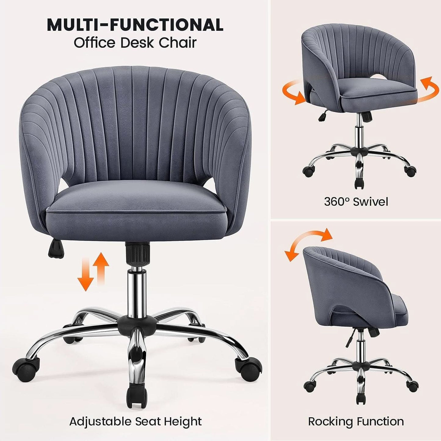 Dark Gray Velvet Swivel Office Chair Tufted Barrel Back