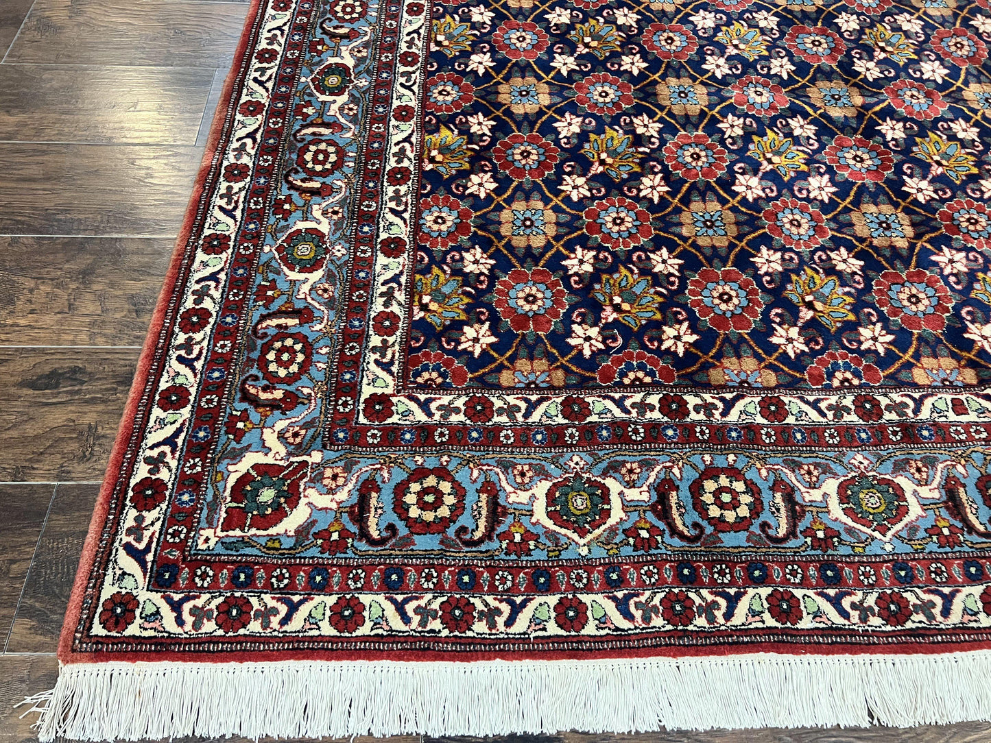 Persian Veramin Rug 7x11, Repeated Allover Pattern, Handmade Vintage Carpet, Navy Blue