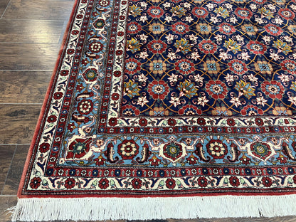 Persian Veramin Rug 7x11, Repeated Allover Pattern, Handmade Vintage Carpet, Navy Blue