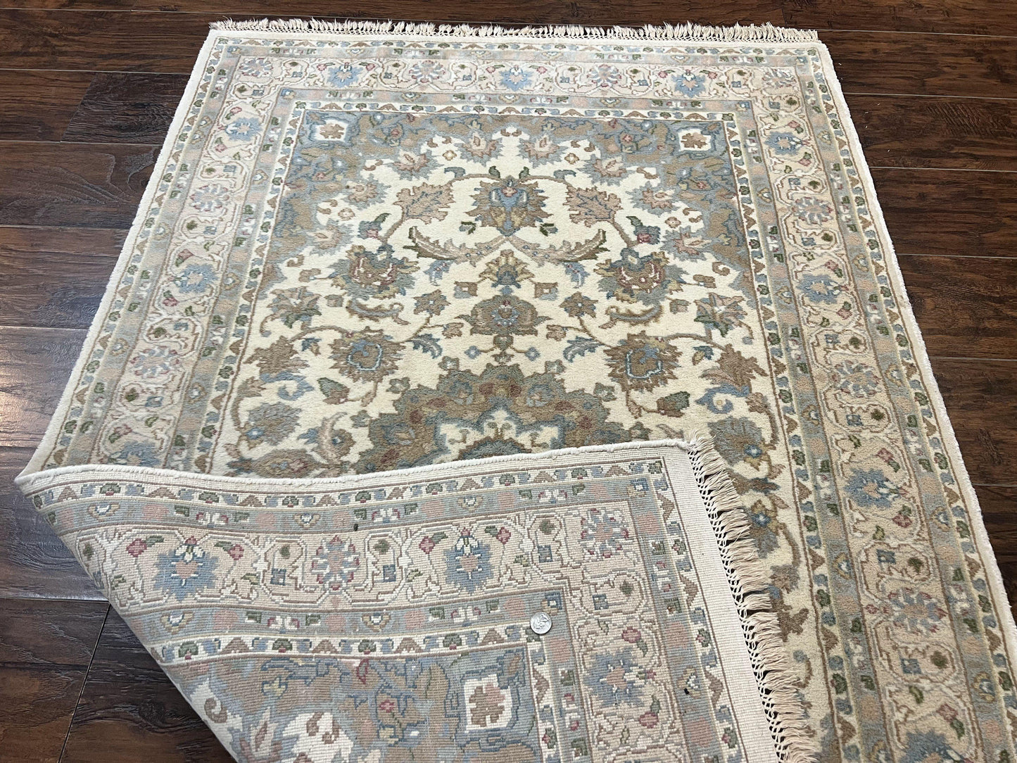 Indo Persian Rug 4x6, Floral Medallion, Beige, Handmade Wool Vintage Carpet 4 x 6 ft